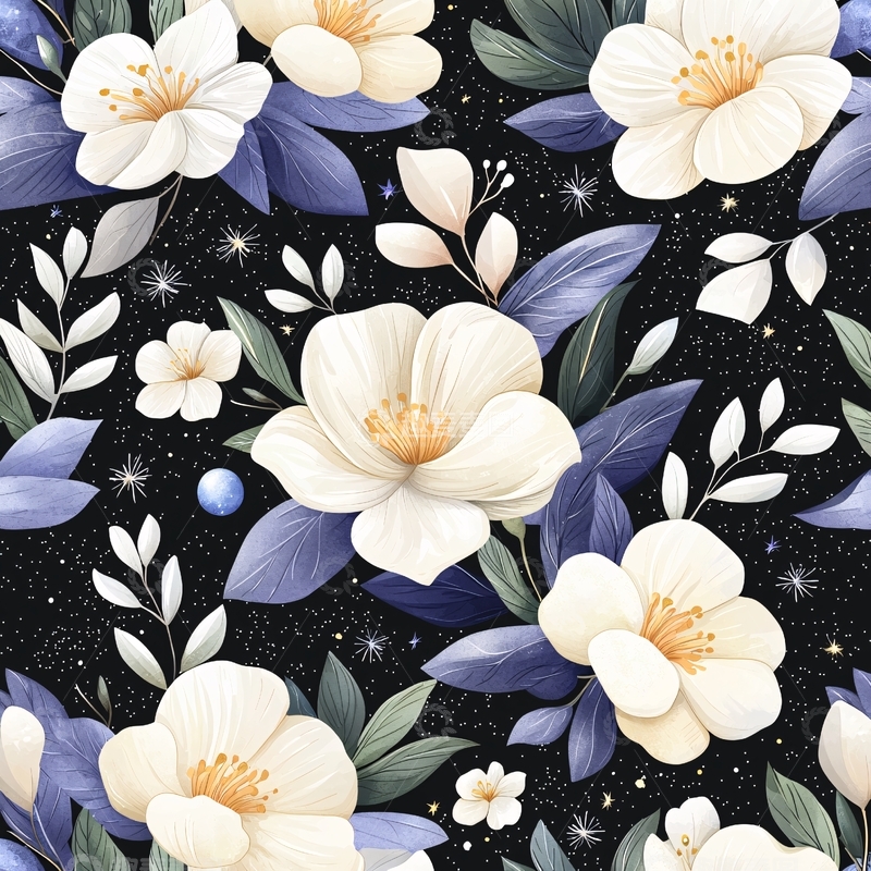 高清大图下载【趣麦麦图】夜空下的花朵与星辰图案