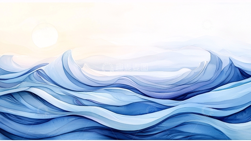 高清大图下载【趣麦麦图】蓝色海浪与夕阳的艺术画作