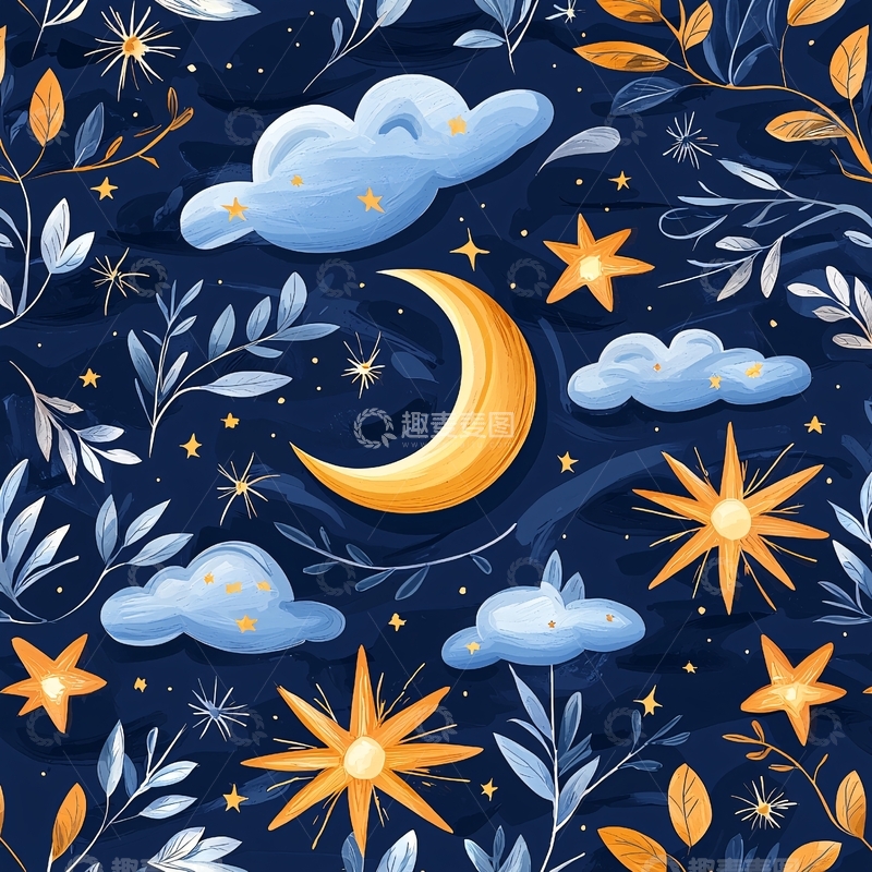 高清大图下载【趣麦麦图】夜空中的星星和月亮插画