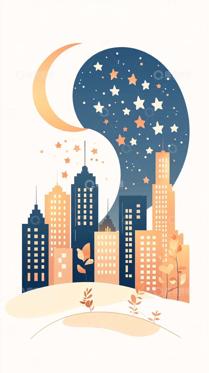 高清大图下载【趣麦麦图】夜晚城市剪影插画