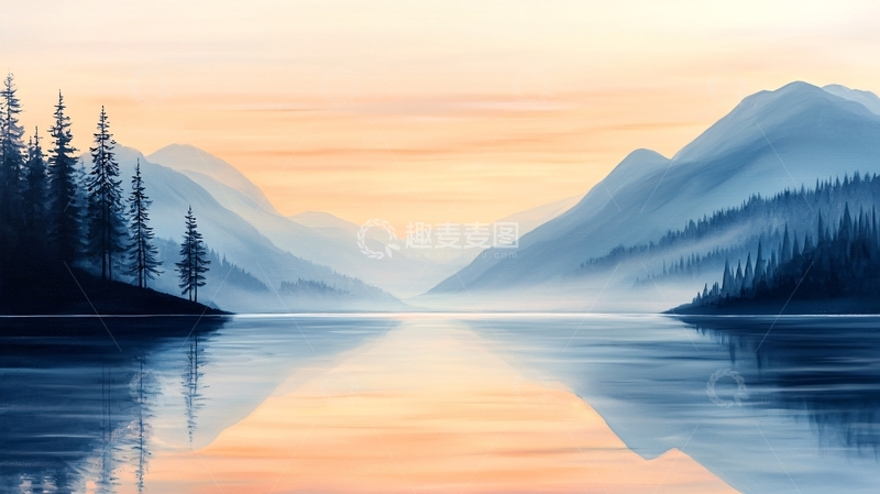 高清大图下载【趣麦麦图】晨雾中的宁静湖泊