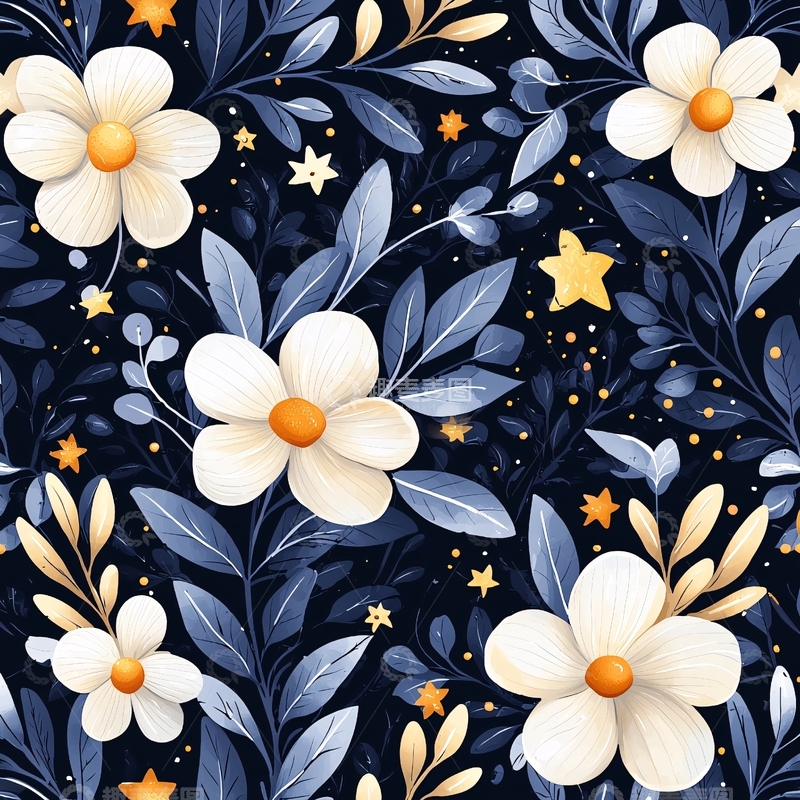 高清大图下载【趣麦麦图】夜空下的花朵与星星图案