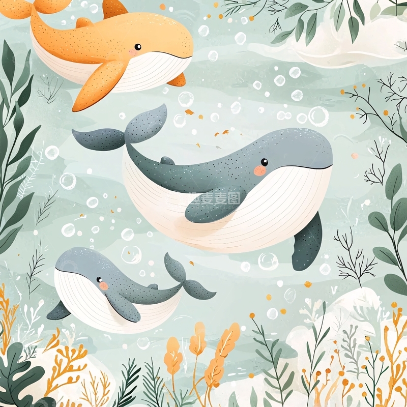 高清大图下载【趣麦麦图】海洋中的鲸鱼与海藻