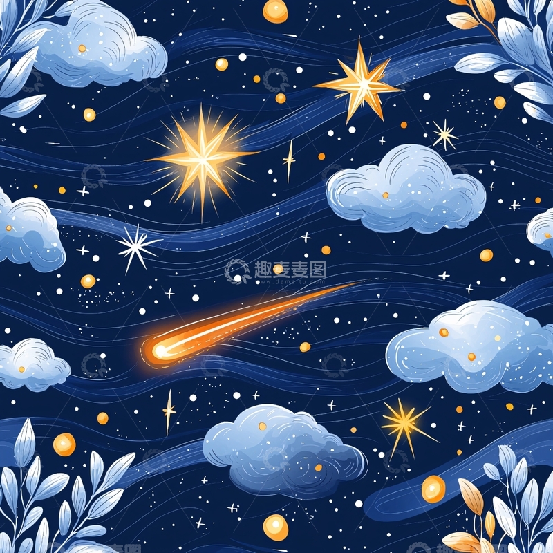 高清大图下载【趣麦麦图】夜空流星与星星插画
