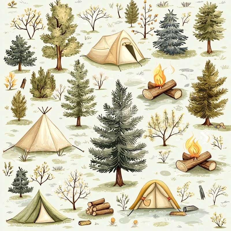 高清大图下载【趣麦麦图】秋日森林露营帐篷篝火场景