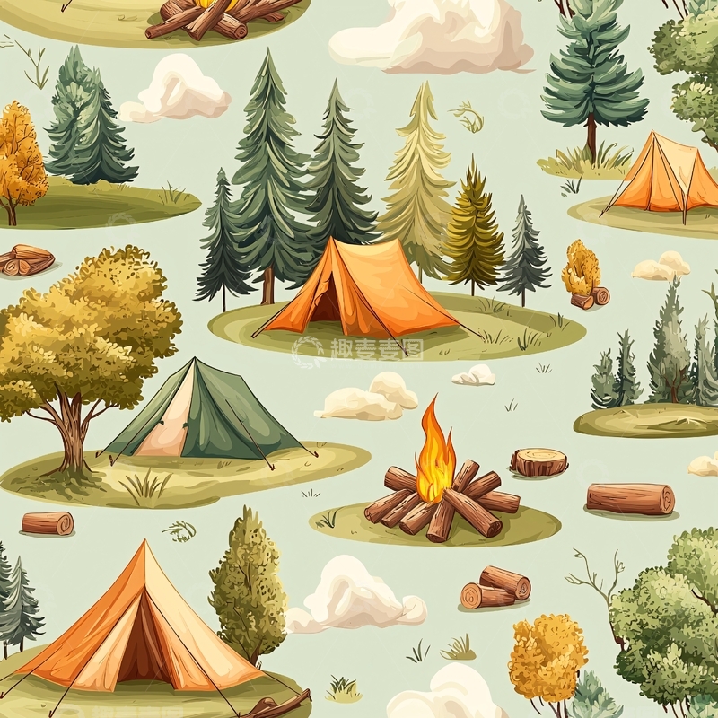 高清大图下载【趣麦麦图】森林露营帐篷和篝火图案