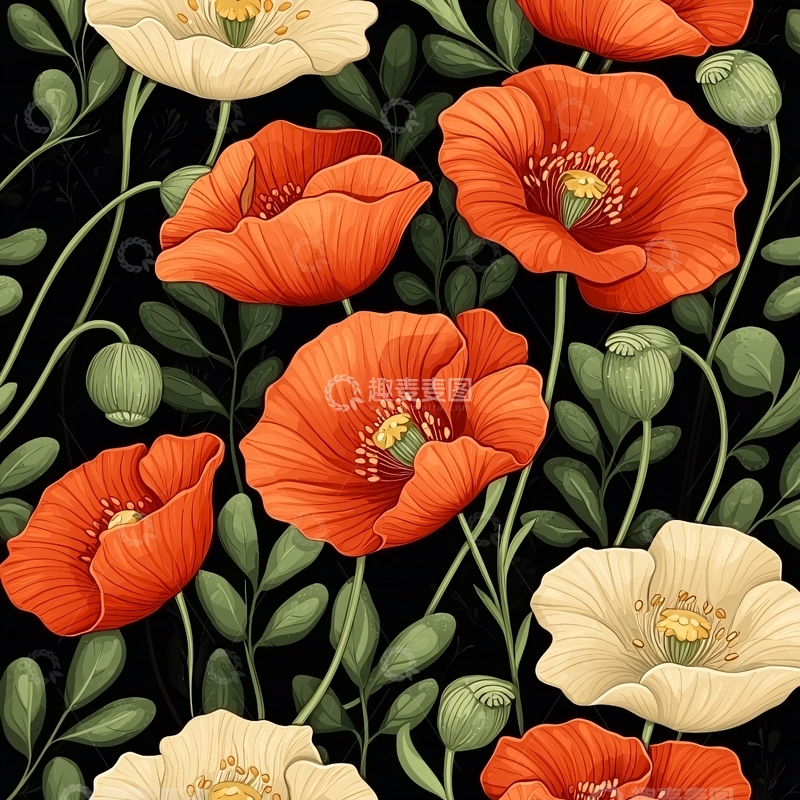 高清大图下载【趣麦麦图】红色罂粟花与绿色叶子背景图案