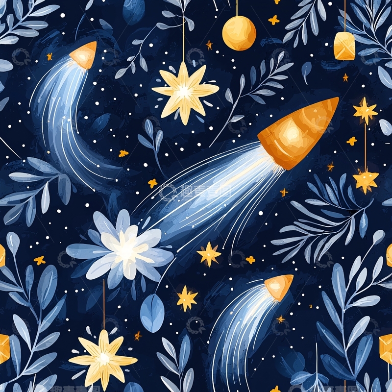 高清大图下载【趣麦麦图】夜空中的火箭与星星插画