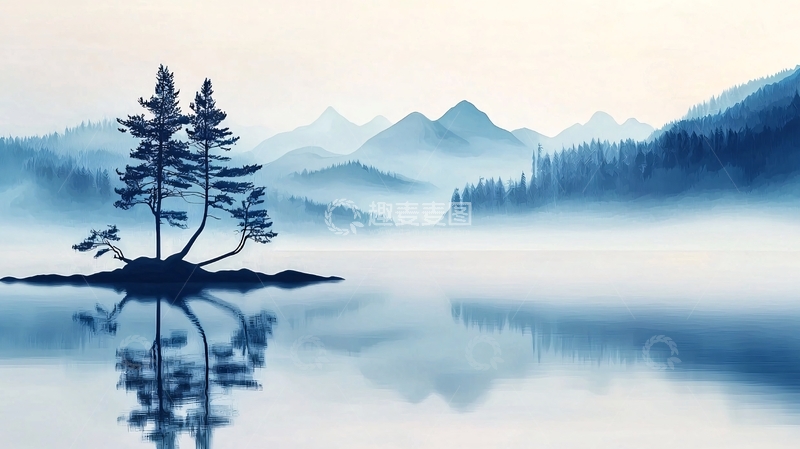 高清大图下载【趣麦麦图】晨雾中的静谧湖景