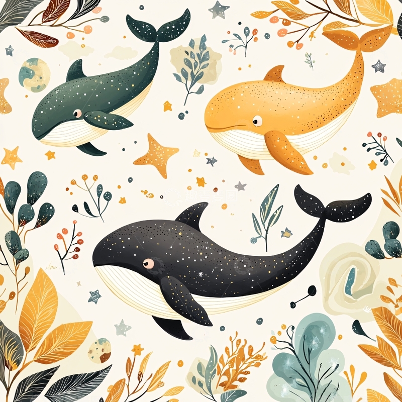 高清大图下载【趣麦麦图】海洋生物插画背景图案