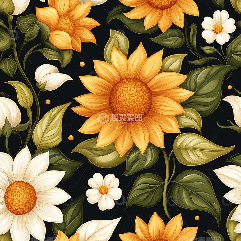 高清大图下载【趣麦麦图】向日葵与雏菊的花卉图案