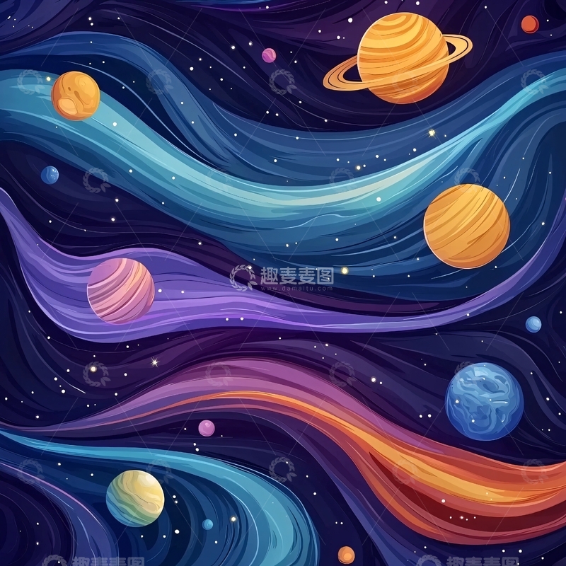 高清大图下载【趣麦麦图】梦幻星空与行星插画