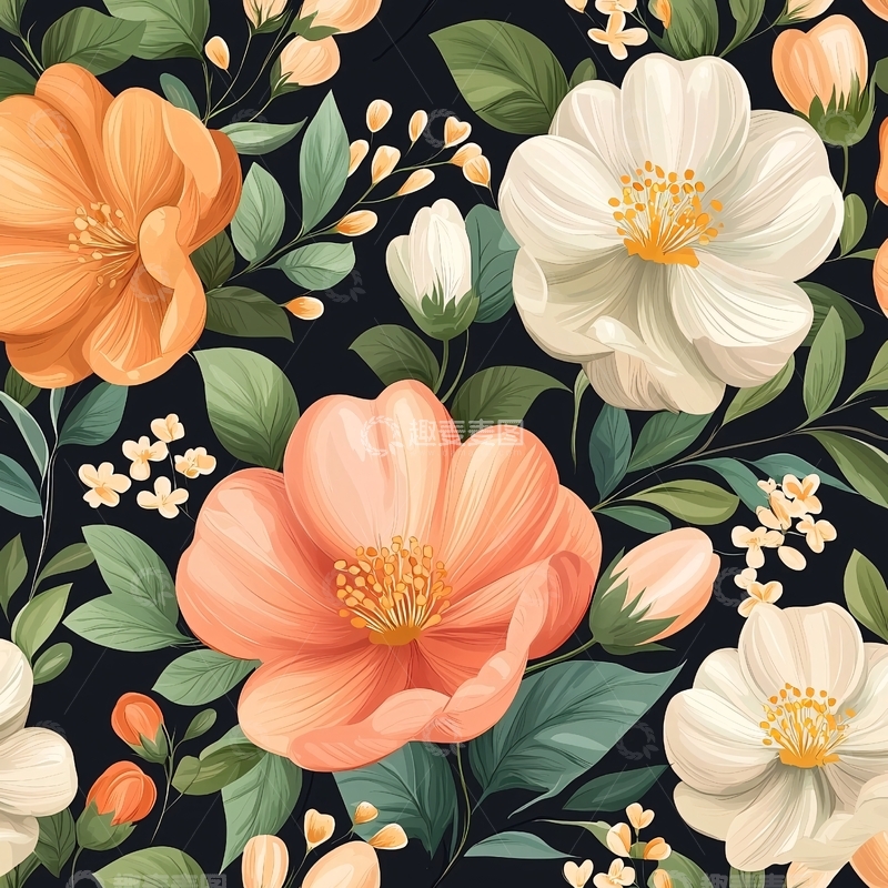 高清大图下载【趣麦麦图】橙白花卉图案背景素材