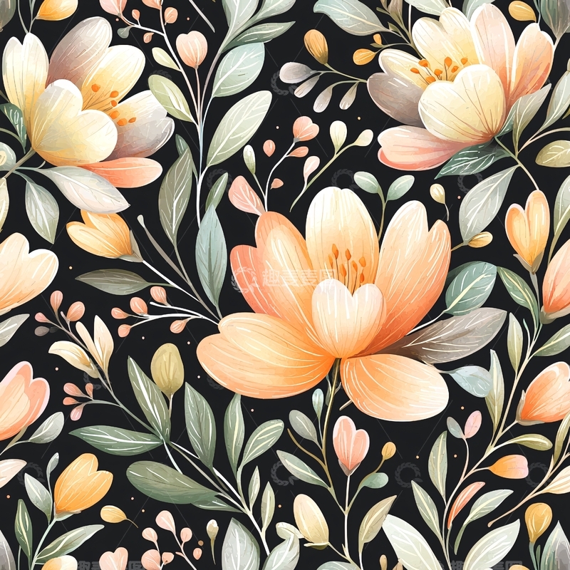 高清大图下载【趣麦麦图】橙色花卉与绿叶图案背景