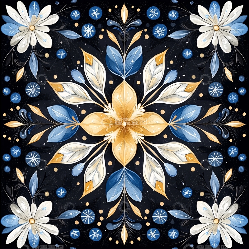 高清大图下载【趣麦麦图】冬日雪花与花朵交织的艺术图案