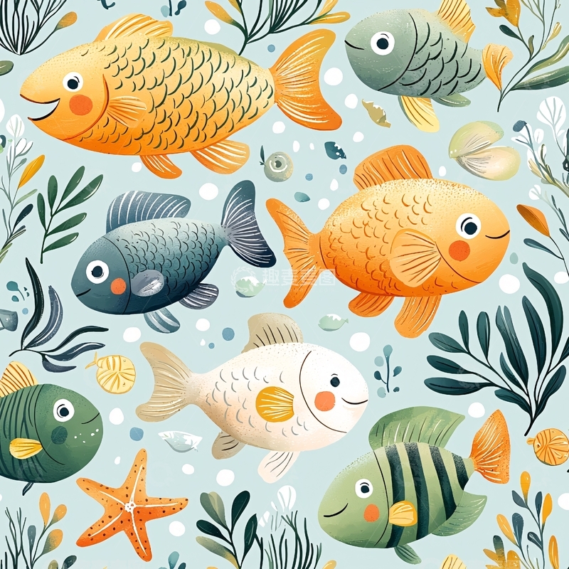 高清大图下载【趣麦麦图】海洋生物卡通插画背景