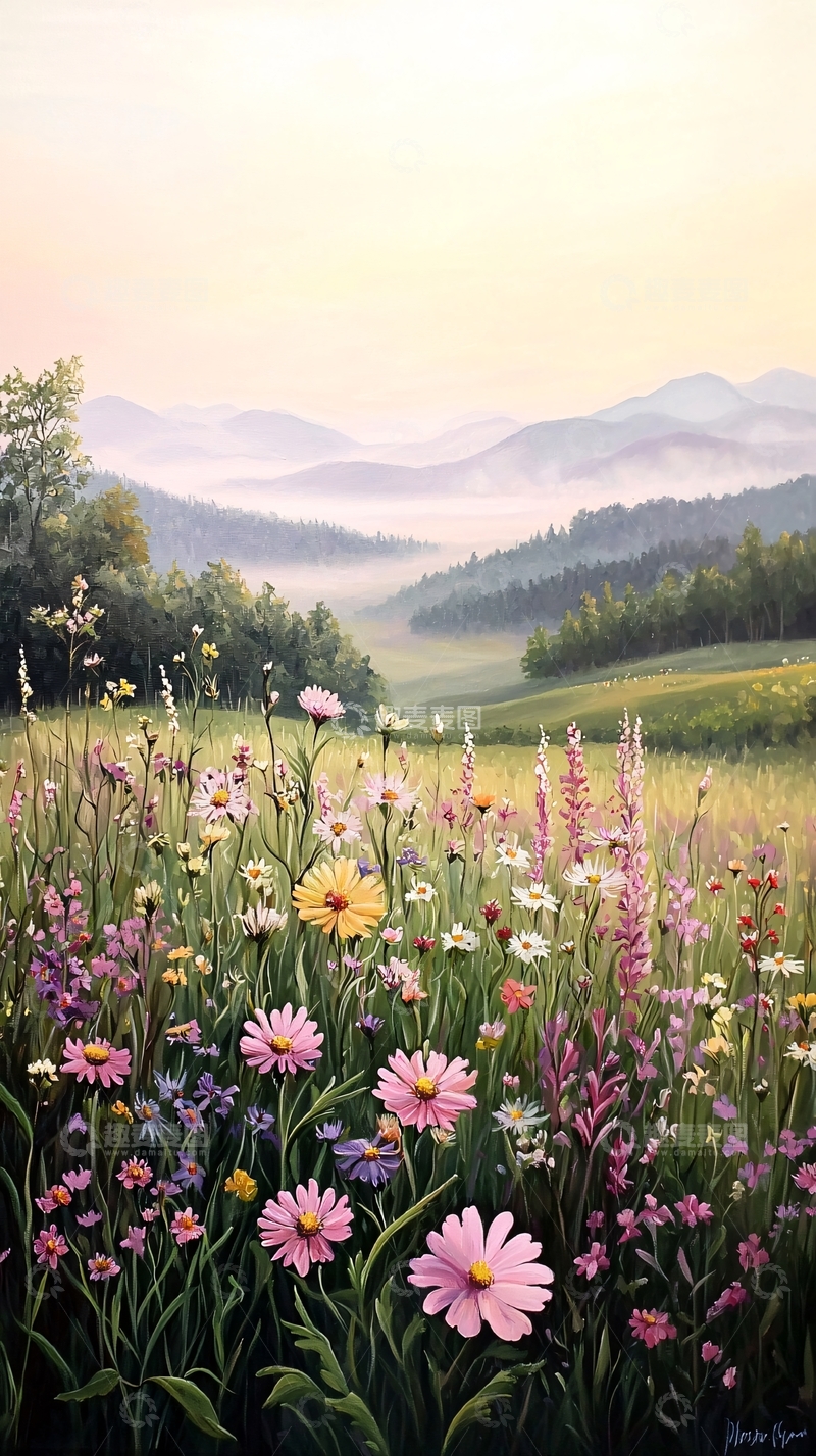高清大图下载【趣麦麦图】晨雾山谷野花风景画