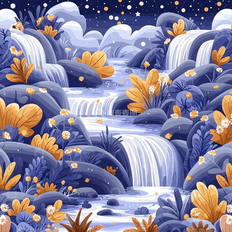 高清大图下载【趣麦麦图】夜晚瀑布与花朵的梦幻场景