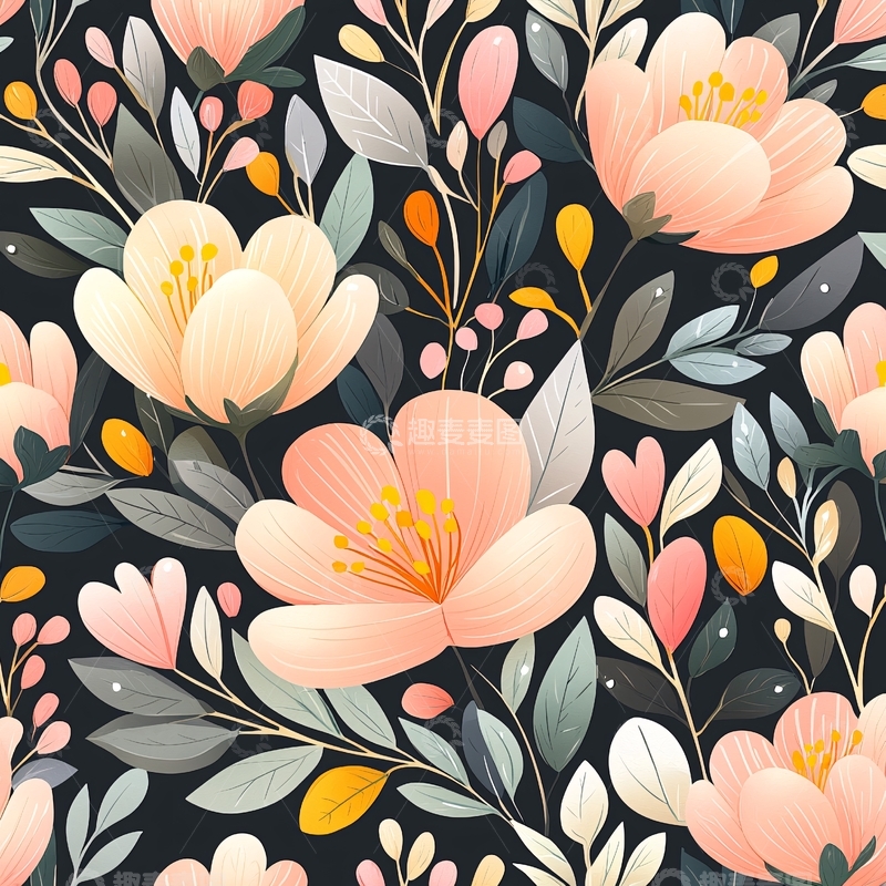 高清大图下载【趣麦麦图】粉色花朵与叶子图案背景