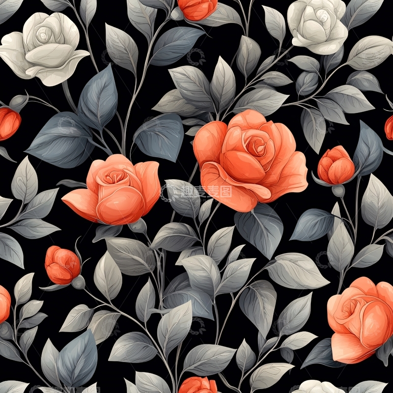 高清大图下载【趣麦麦图】橙色玫瑰与灰色叶子背景图案