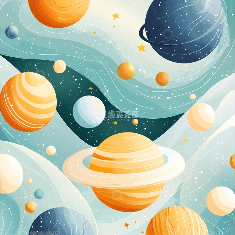 高清大图下载【趣麦麦图】梦幻星空与行星插画