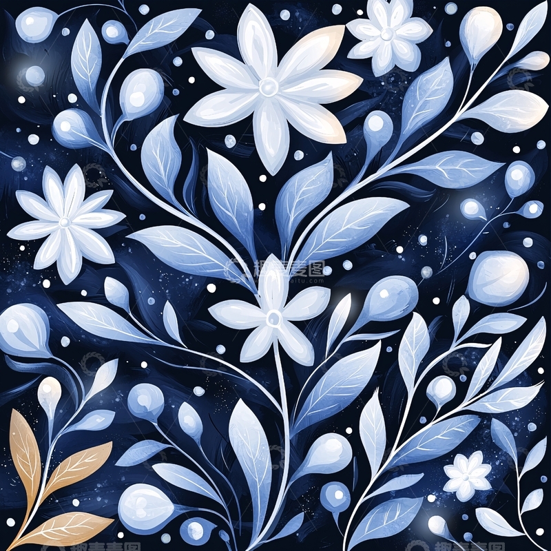 高清大图下载【趣麦麦图】蓝色夜空下的花朵与叶子图案