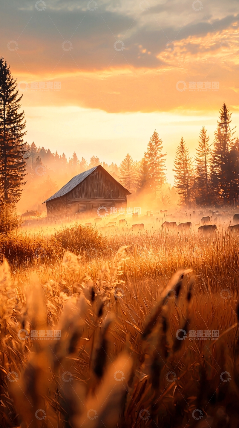 高清大图下载【趣麦麦图】晨雾中的小屋与羊群