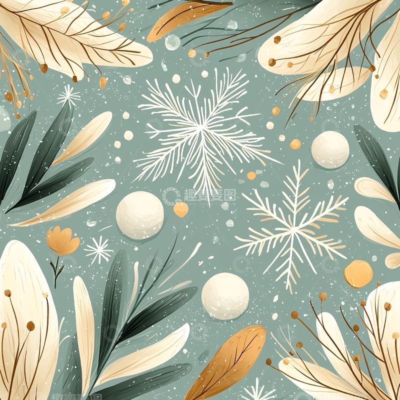 高清大图下载【趣麦麦图】冬日雪花与植物插画背景