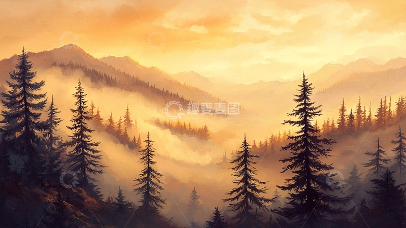 高清大图下载【趣麦麦图】晨雾中的松林山景
