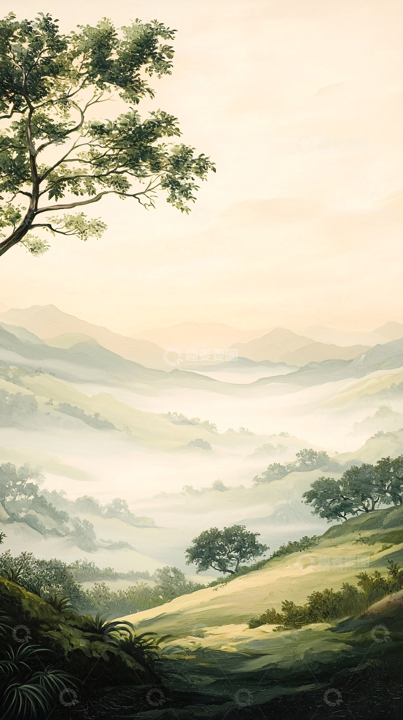 高清大图下载【趣麦麦图】晨雾山间绿树环绕