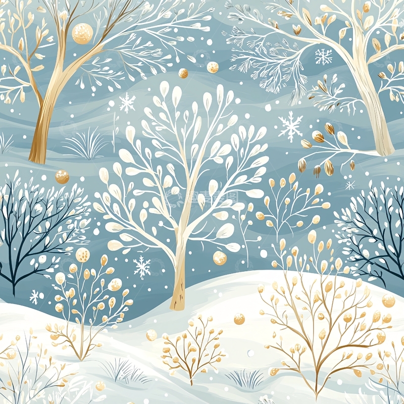 高清大图下载【趣麦麦图】冬日雪景树木插画素材