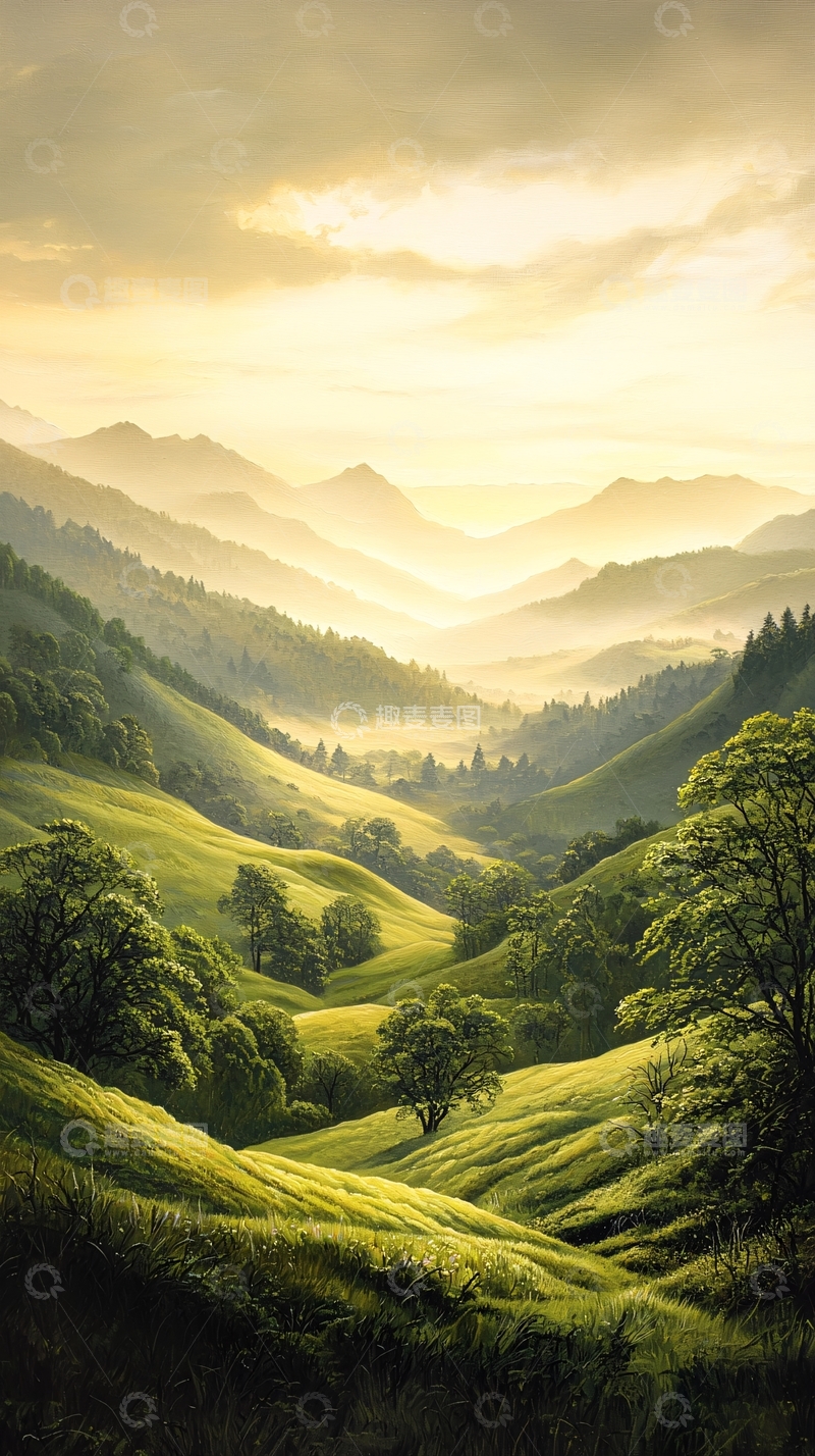 高清大图下载【趣麦麦图】晨曦山间绿意盎然
