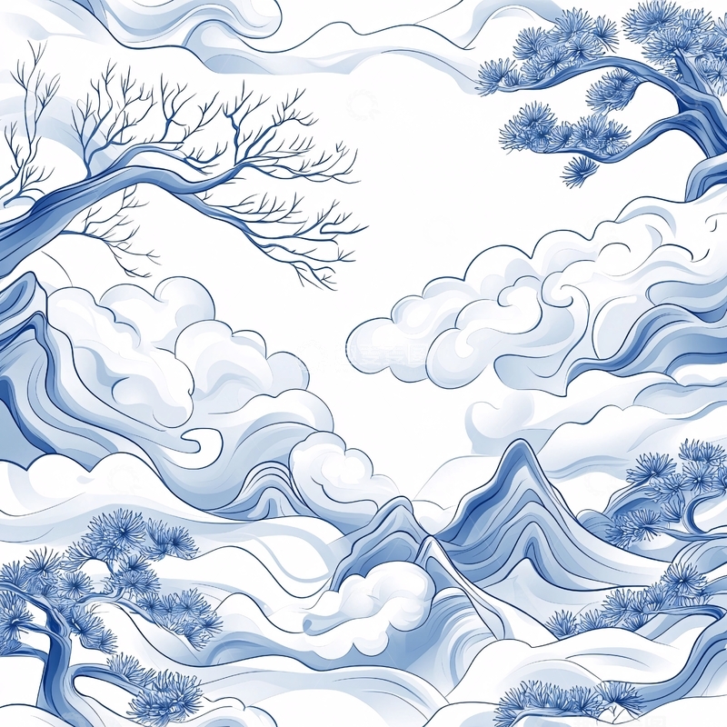 高清大图下载【趣麦麦图】青花瓷风格山水画背景图