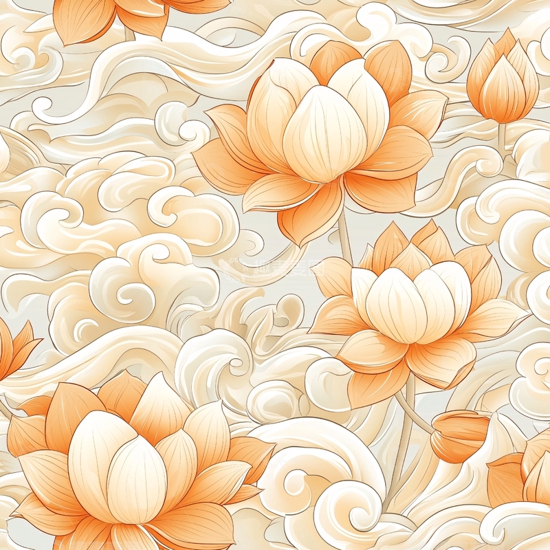 高清大图下载【趣麦麦图】橙色莲花与云纹背景图案