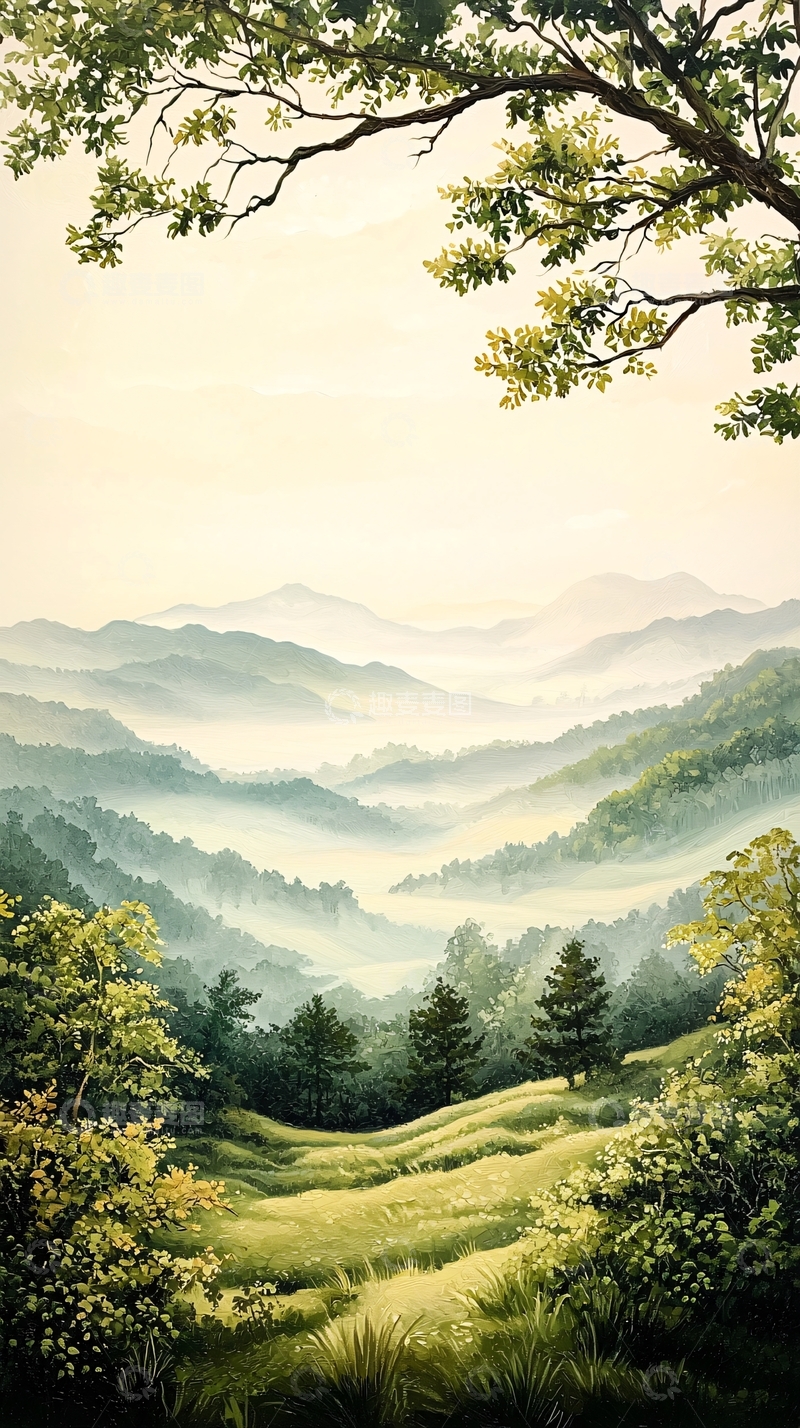高清大图下载【趣麦麦图】晨雾山间绿意盎然