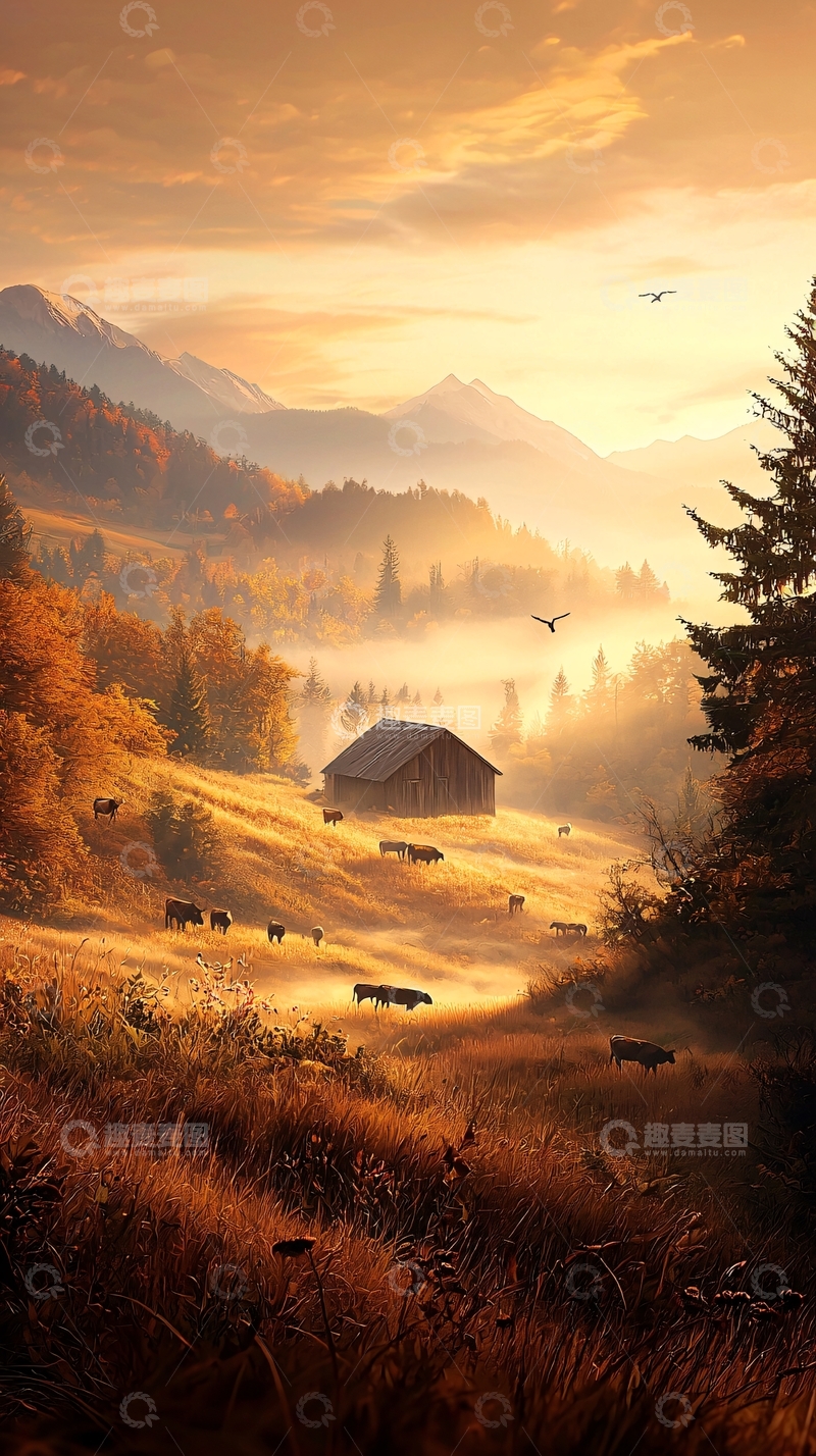 高清大图下载【趣麦麦图】秋日山间牧牛图