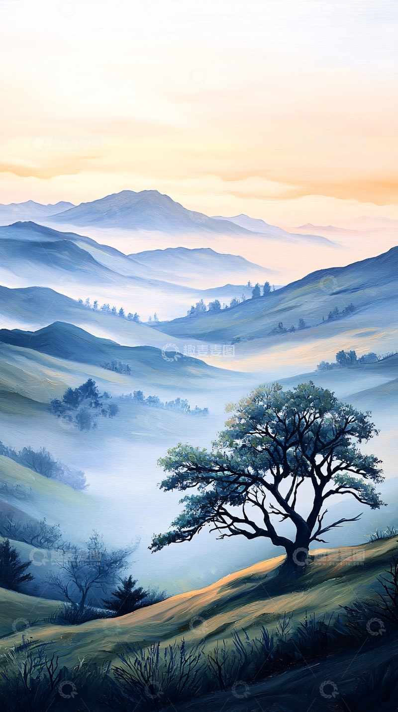 高清大图下载【趣麦麦图】晨雾中的孤独树