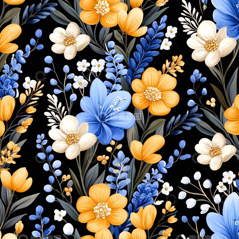 高清大图下载【趣麦麦图】夜色中的花卉图案背景