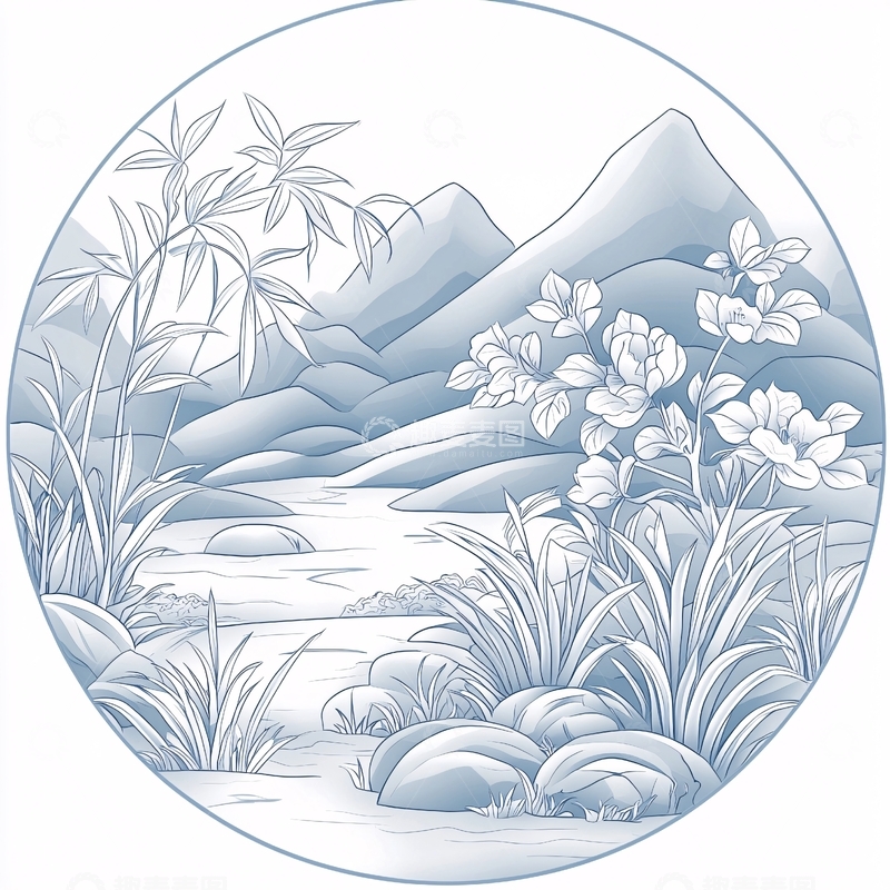 高清大图下载【趣麦麦图】山水竹林花石图