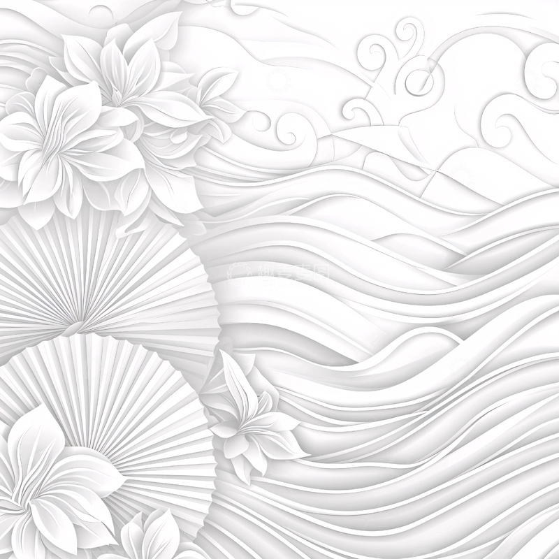 高清大图下载【趣麦麦图】白色花卉扇形波浪背景素材