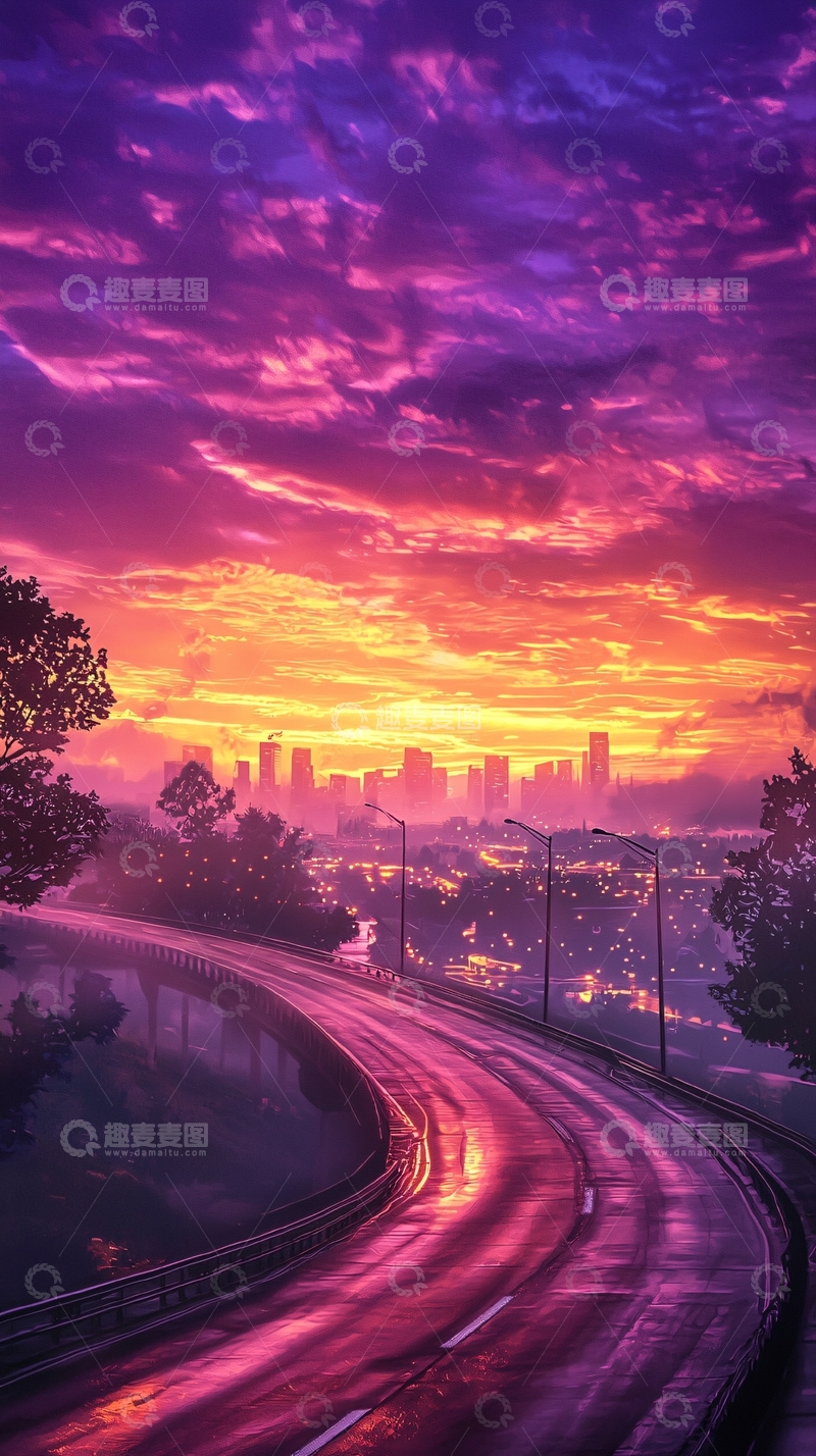 高清大图下载【趣麦麦图】城市日落高速公路风景