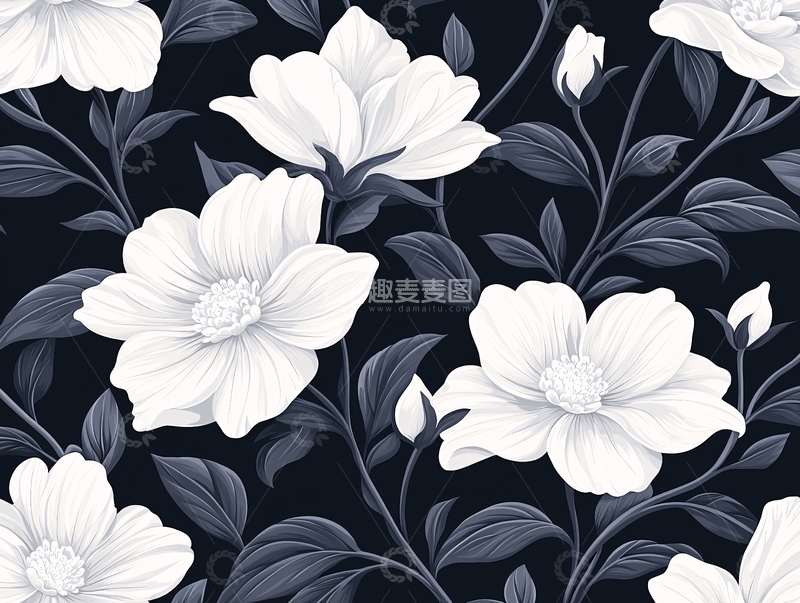 高清大图下载【趣麦麦图】黑白花卉背景图案素材