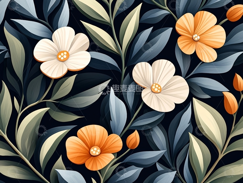 高清大图下载【趣麦麦图】橙白花朵与绿叶背景图案