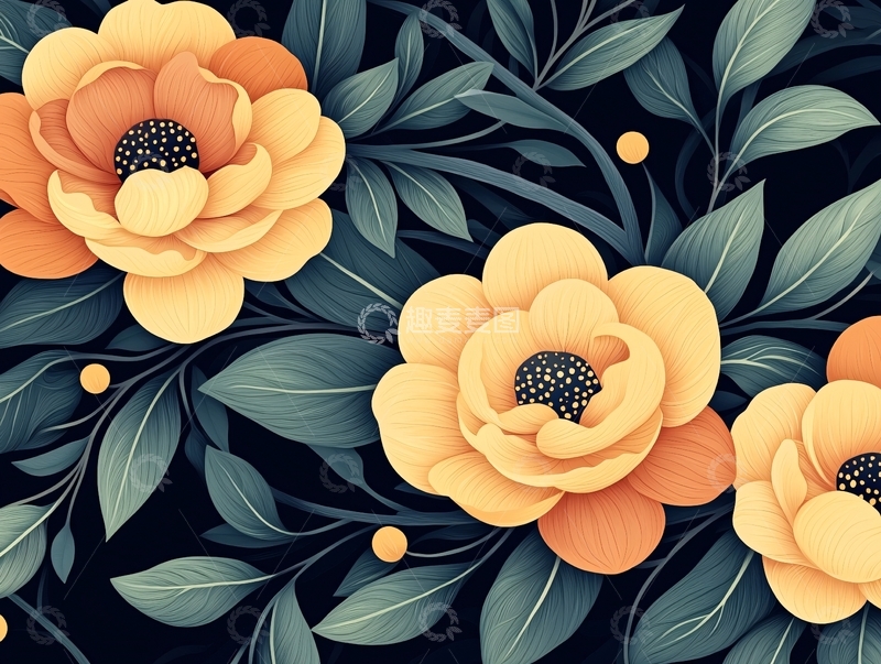 高清大图下载【趣麦麦图】橙色花朵与深色背景的艺术插画