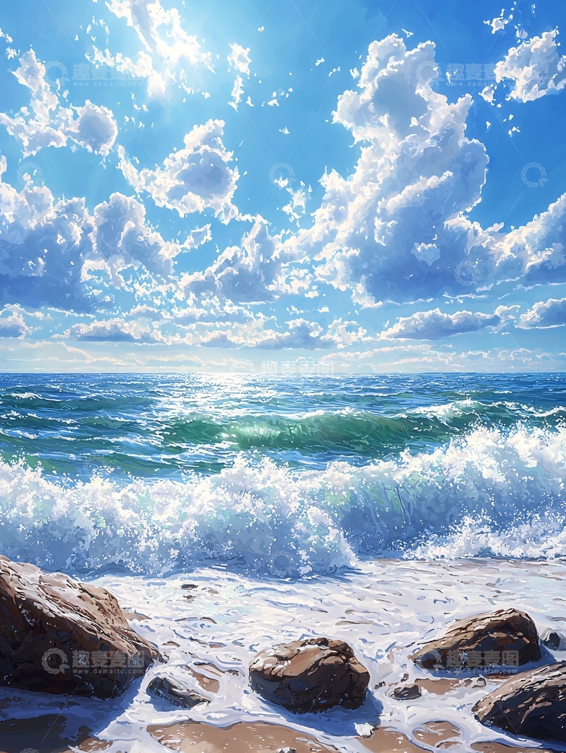 高清大图下载【趣麦麦图】海浪沙滩蓝天白云