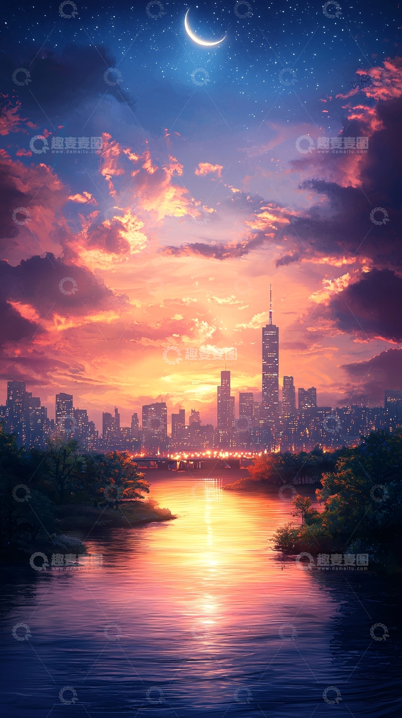 高清大图下载【趣麦麦图】夜色中的城市与河流