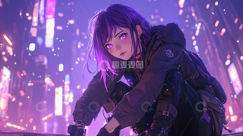 高清大图下载【趣麦麦图】未来都市夜景下的紫色头发女孩