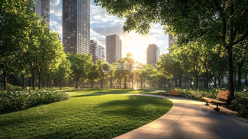 高清大图下载【趣麦麦图】城市公园晨光下的宁静