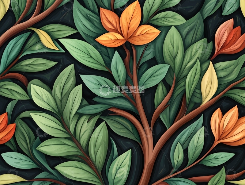 高清大图下载【趣麦麦图】秋日森林中的橙色花朵与绿叶