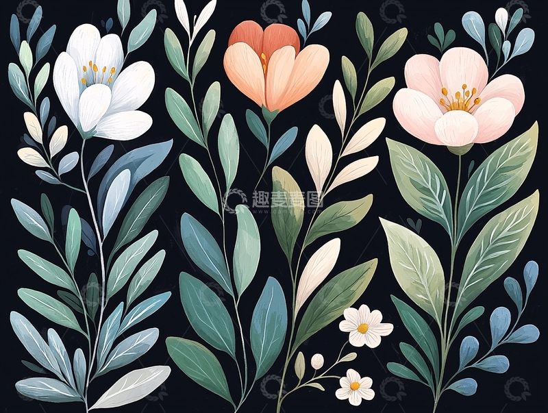 高清大图下载【趣麦麦图】梦幻花卉与绿叶装饰图案